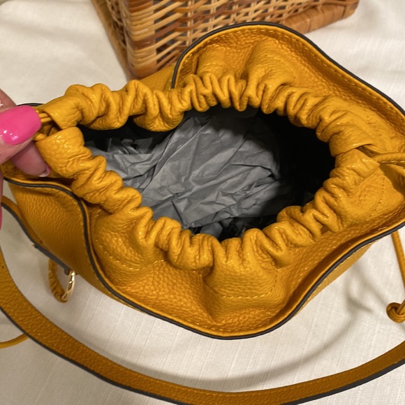 Vince Camuto Pebbled Leather Mandi Drawstring Bucket Shoulder Bag in Mustard - Picture 5 of 11